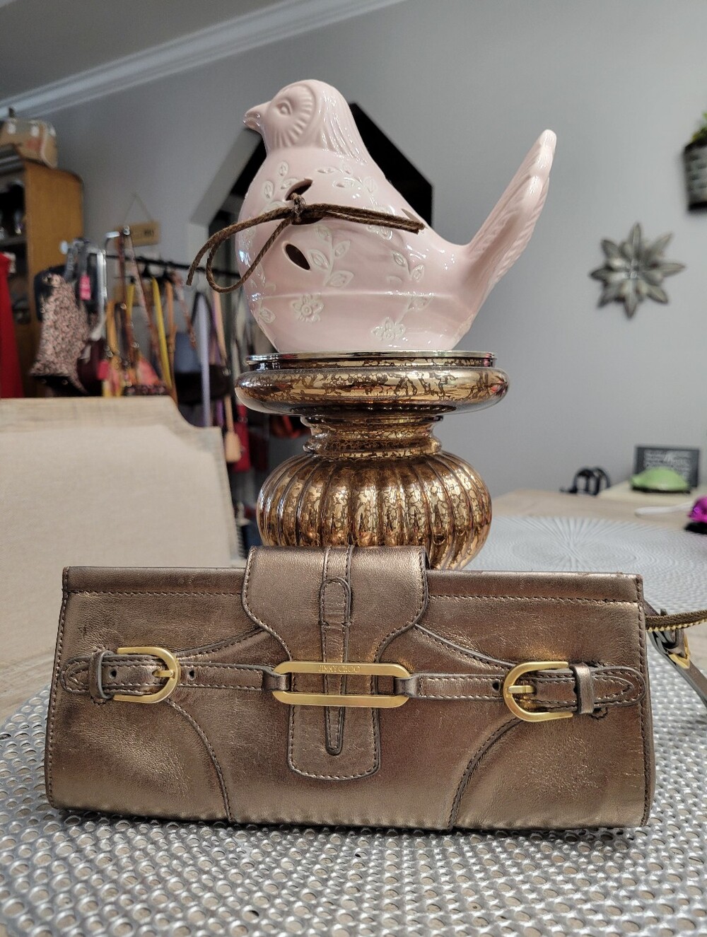 Jimmy Choo Metallic Bronze Leather Wristlet Clutch - Picture 2 of 8
